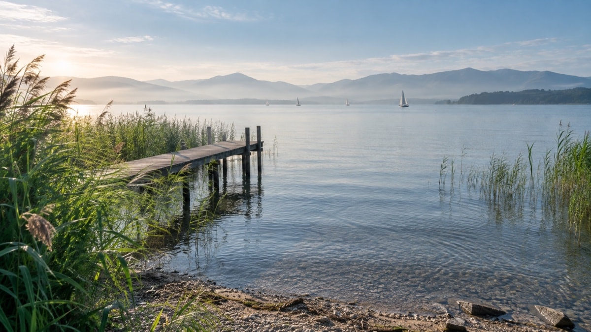 Riva quieta del Lago Balaton al tramonto
