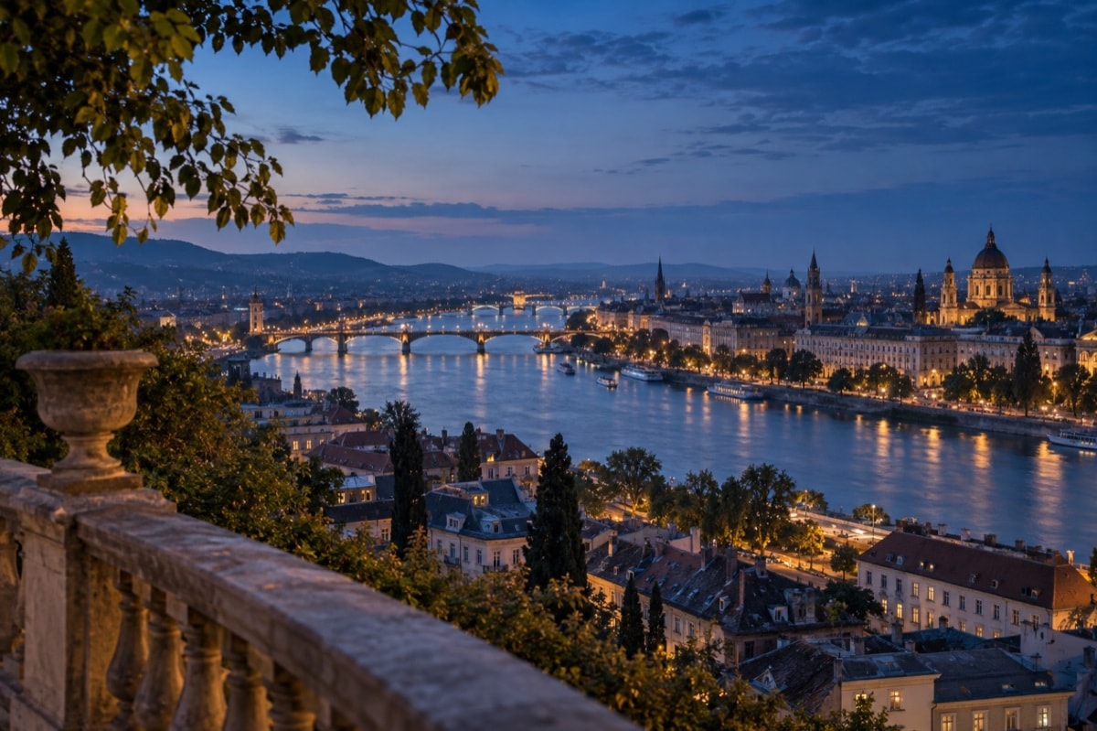 Veduta atmosferica di Budapest lungo il Danubio